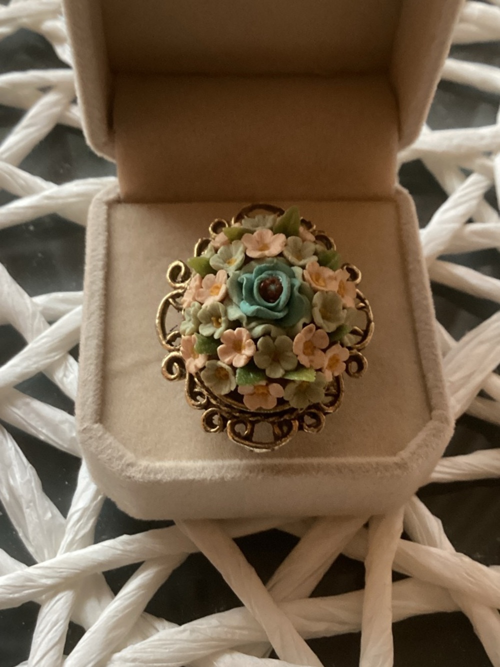 Porcelain Floral Bouquet Brooch in Teal, Peach & Green - Gold Tone